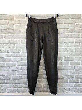 Spanx Leather Like Joggers Black Faux Leather Pants Size M Athleisure Biker Luxe